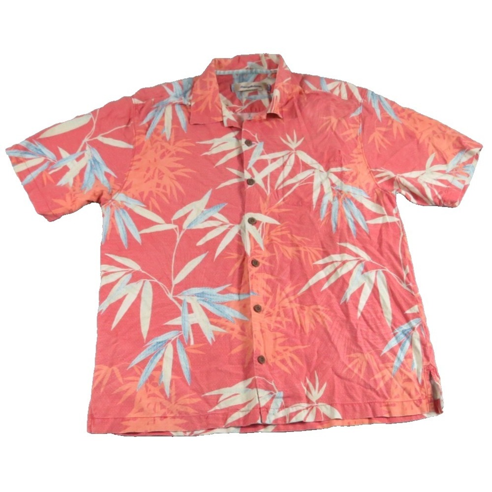 Tommy Bahama Shirt Men L Pink Silk Bamboo Leaf Tropical Hawaiian Camp Button EUC